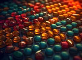 Many colorful pills on a dark background Geometric composition Created with technology photo