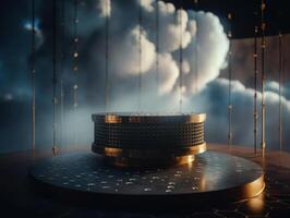 Round podium with clouds and circles created with technology photo