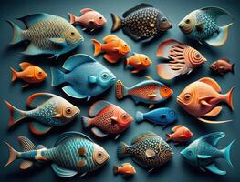 Group of colorful fishes on dark background Created with technology photo