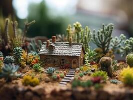 Fantasy Miniature home flowers succulents and cactus in the garden Created with technology photo