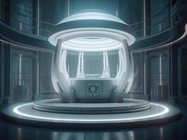 Futuristic sci-fi room with neon lights Round podium created with technology. photo