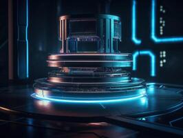 Futuristic sci-fi room with neon lights Round podium created with technology. photo