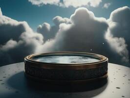 Round podium with clouds and circles created with technology photo