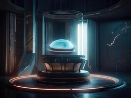 Futuristic sci-fi room with neon lights Round podium created with technology. photo