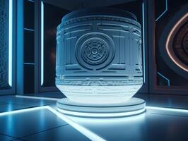 Futuristic sci-fi room with neon lights Round podium created with technology. photo