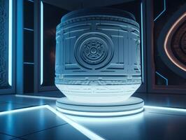 Futuristic sci-fi room with neon lights Round podium created with technology. photo