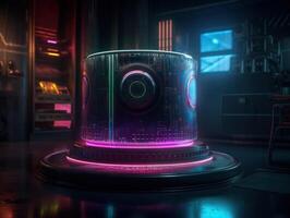 Futuristic sci-fi room with neon lights Round podium created with technology. photo