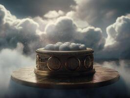 Round podium with clouds and circles created with technology photo