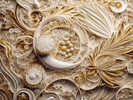 Paper made Quilling craft technic white and gold abstract background lines Created with technology photo
