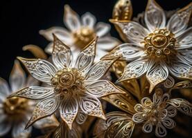 Paper made flowers Quilling craft technic white and gold abstract background lines Created with technology photo