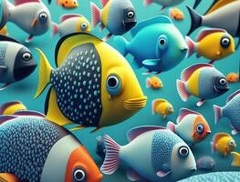 Group of colorful fishes on dark background Created with technology photo