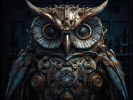 Abstract fantasy colorful mechanical owl background created with technology. photo