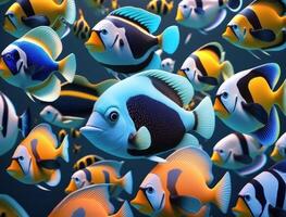 grupo de vistoso peces en oscuro antecedentes creado con generativo ai tecnología foto