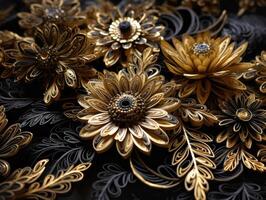 Paper made flowers Quilling craft technic black and gold abstract background lines Created with technology photo