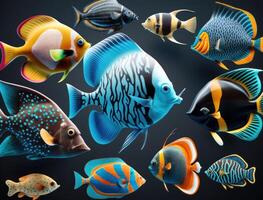 Group of colorful fishes on dark background Created with technology photo