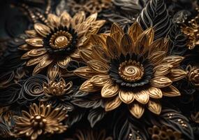 Paper made flowers Quilling craft technic black and gold abstract background lines Created with technology photo