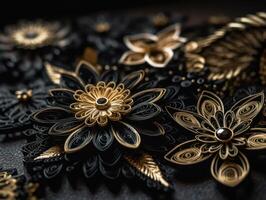 Paper made flowers Quilling craft technic black and gold abstract background lines Created with technology photo