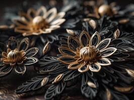 Paper made flowers Quilling craft technic black and gold abstract background lines Created with technology photo