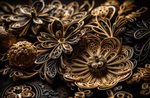 Paper made flowers Quilling craft technic black and gold abstract background lines Created with technology photo
