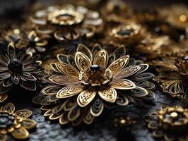 Paper made flowers Quilling craft technic black and gold abstract background lines Created with technology photo