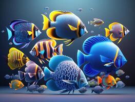 Group of colorful fishes on dark background Created with technology photo