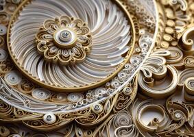 Paper made Quilling craft technic white and gold abstract background lines Created with technology photo