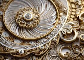 Paper made Quilling craft technic white and gold abstract background lines Created with technology photo