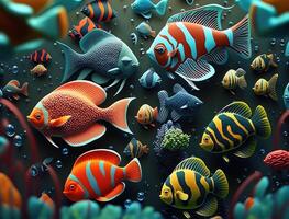 Group of colorful fishes on dark background Created with technology photo