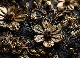 Paper made flowers Quilling craft technic black and gold abstract background lines Created with technology photo