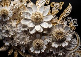 Paper made flowers Quilling craft technic white and gold abstract background lines Created with technology photo