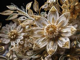 Paper made flowers Quilling craft technic white and gold abstract background lines Created with technology photo