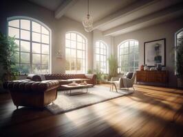 Stylish composition of cozy living room interior Created with Generative AI technology. photo