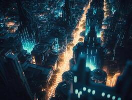 futurista ciudad paisaje paisaje urbano isométrica ver noche ciudad creado con generativo ai tecnología foto