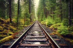 ferrocarril pistas en un bosque paisaje. ilustración ai generativo foto