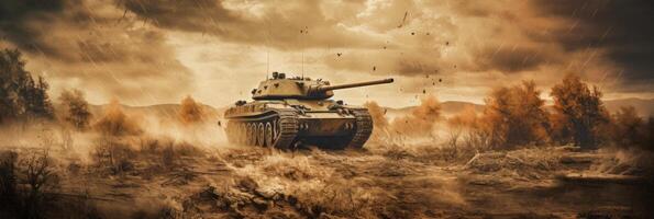 Old tank in the desert, in the style of intense action scenes, Illustration photo