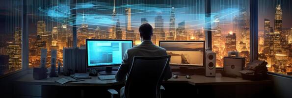 Business office manager with arrow and arrow on the computer screen and city lights behind him Illustration photo