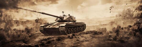 Old tank in the desert, in the style of intense action scenes, Illustration photo