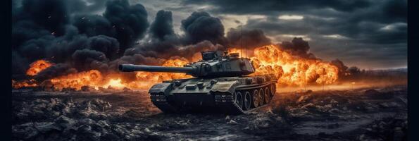 Old tank in the desert, in the style of intense action scenes, Illustration photo