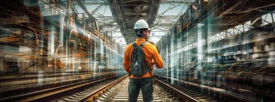 Man in construction gear is standing behind train tracks. Illustration photo