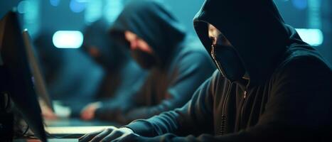 Hackers with hoodies with dark face mask. Hacker group team in front laptop in modern office, photo