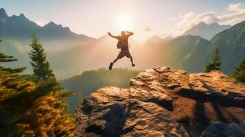 Success and adventure concept, successful hiker man jumping on the top of the mountain in morning sunrise, . photo