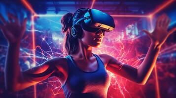 Young woman engages in a virtual reality fitness activity using a VR headset, photo