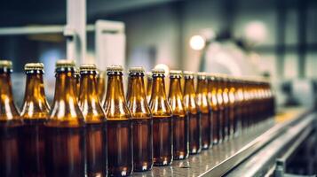 cerveza botellas en producción línea con grande máquina a bebida fábrica interior, máquina trabajando botellas producción línea, generativo ai foto