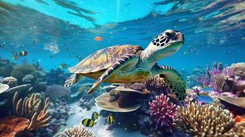 turtle with group of colorful fish and sea animals with colorful coral underwater in ocean, photo