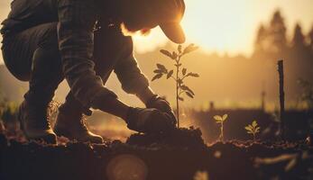 antiguo hombre participación semilla planta y plantando creciente plantas en naturaleza, generativo ai foto