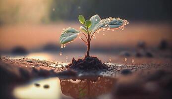 young plant growing from seed in soil in park in sun rise with raining drops, photo