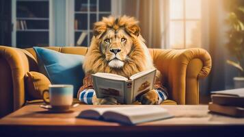 lion reading book on sofa, learning and knowladge concept, photo