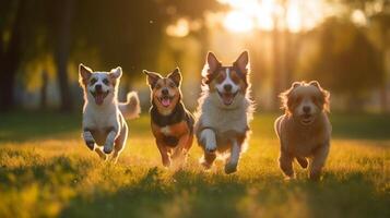 linda gracioso perros grupo corriendo y jugando en verde césped en parque en Mañana Dom creciente, generativo ai foto