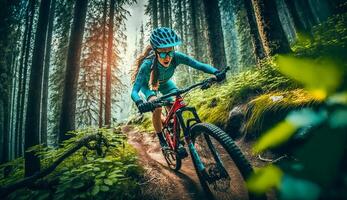 Mountain biking woman riding on bike in summer mountains forest landscape, photo