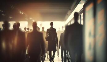 Crowd of business people walking in rush hour in subway fast moving, photo